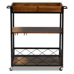 Kirkland's Home Oak And Black Metal Bar Cart With Stemware Rack- Kitchen Islands & Bar Carts