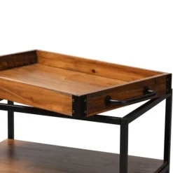 Kirkland's Home Oak And Black Metal Bar Cart With Stemware Rack- Kitchen Islands & Bar Carts