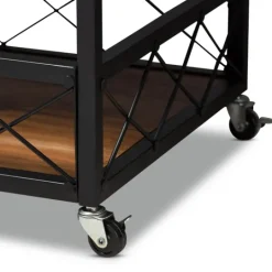 Kirkland's Home Oak And Black Metal Bar Cart With Stemware Rack- Kitchen Islands & Bar Carts