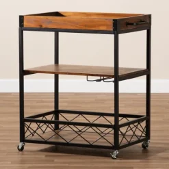 Kirkland's Home Oak And Black Metal Bar Cart With Stemware Rack- Kitchen Islands & Bar Carts