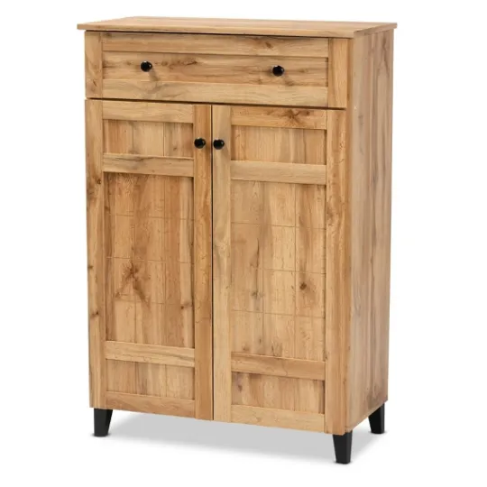 Kirkland's Home Oak 2-Door Grid Shoe Storage Cabinet- Entryway Furniture