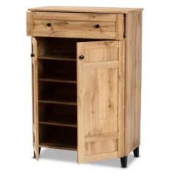 Kirkland's Home Oak 2-Door Grid Shoe Storage Cabinet- Entryway Furniture