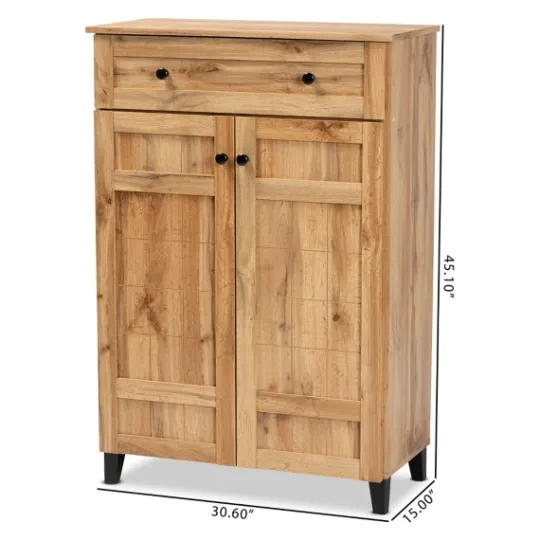 Kirkland's Home Oak 2-Door Grid Shoe Storage Cabinet- Entryway Furniture