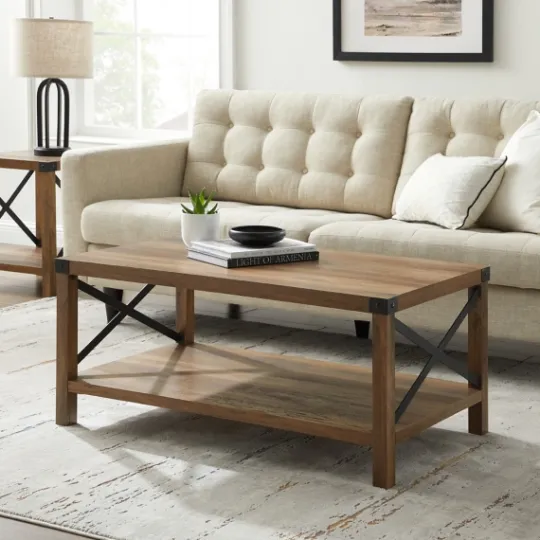 Kirkland's Home Oak Industrial X-Frame Coffee Table- Coffee Tables