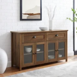 Kirkland's Home Oak Rustic Glass Front Sideboard- Cabinets & Sideboards