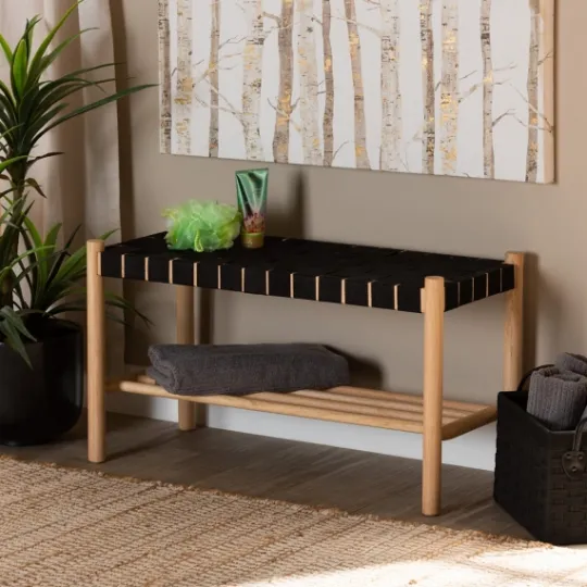 Kirkland's Home Oak Wood And Woven Nylon Bench- Benches & Ottomans