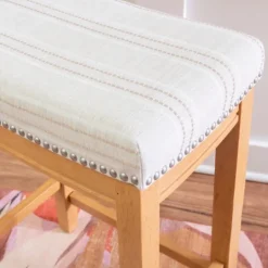 Kirkland's Home Oak Wood Counter Stool With Beige Striped Cushion- Bar Stools & Counter Height Stools