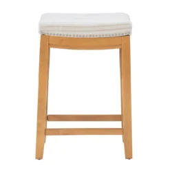 Kirkland's Home Oak Wood Counter Stool With Beige Striped Cushion- Bar Stools & Counter Height Stools