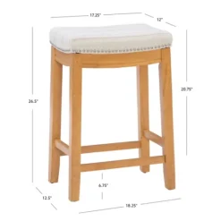 Kirkland's Home Oak Wood Counter Stool With Beige Striped Cushion- Bar Stools & Counter Height Stools