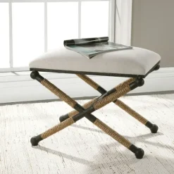 Kirkland's Home Oatmeal Upholstered Wrapped Rope Frame Bench- Benches & Ottomans