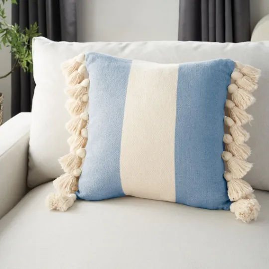 Kirkland's Home Ocean And Ivory Striped Tassel Pillow- Pillows
