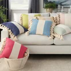 Kirkland's Home Ocean And Ivory Striped Tassel Pillow- Pillows