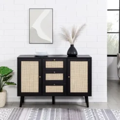 Kirkland's Home Onyx Wood And Natural Rattan Doors Sideboard- Cabinets & Sideboards