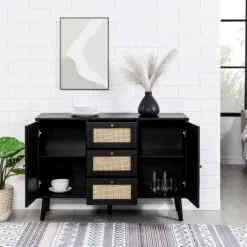 Kirkland's Home Onyx Wood And Natural Rattan Doors Sideboard- Cabinets & Sideboards