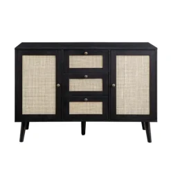 Kirkland's Home Onyx Wood And Natural Rattan Doors Sideboard- Cabinets & Sideboards