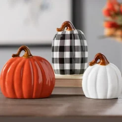 Kirkland's Home Orange, White, & Buffalo Check Pumpkins, Set Of 3- Statues & Figurines