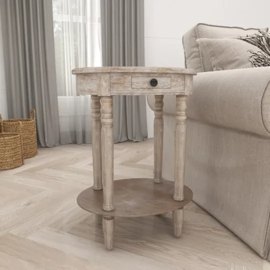 Kirkland's Home Oval Washed Pine Wood Side Table- Accent & End Tables
