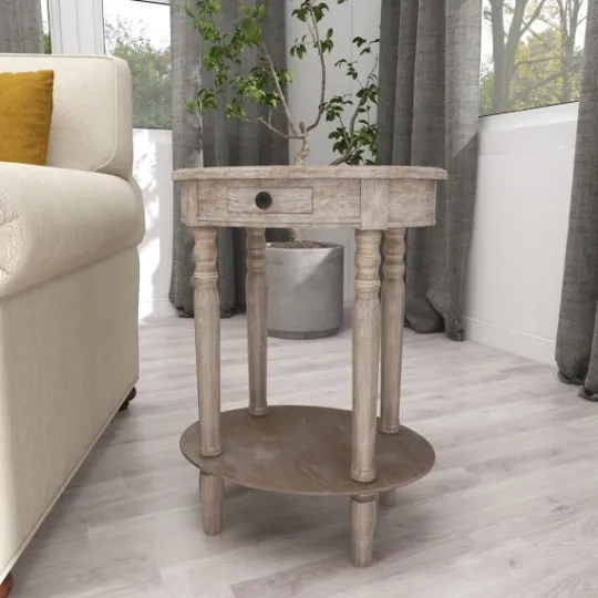 Kirkland's Home Oval Washed Pine Wood Side Table- Accent & End Tables