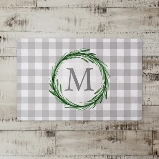 Kirkland's Home Personalized Gray Buffalo Check Wreath Kitchen Mat- Kitchen & Floor Mats