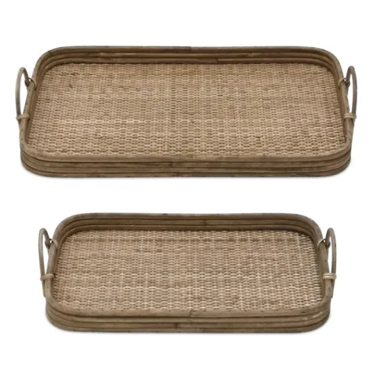 Kirkland's Home Rattan And Wood Decorative Trays, Set Of 2- Decorative Trays