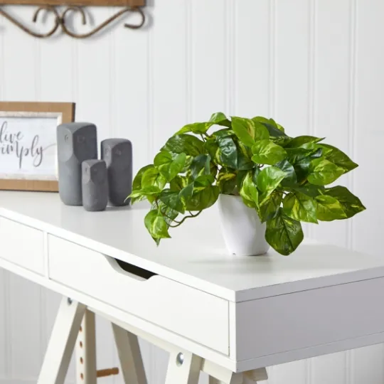 Kirkland's Home Real Touch Variegated Pothos In White Planter- Arrangements & Greenery