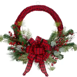 Kirkland's Home Red And Black Buffalo Check Pine And Berry Wreath- Wreaths