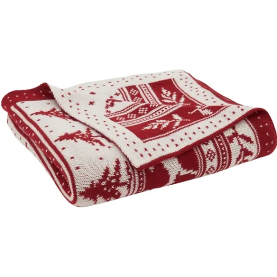 Kirkland's Home Red And White Stripe Reindeer Christmas Knit Throw- Blankets & Throws