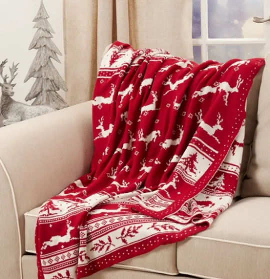 Kirkland's Home Red And White Stripe Reindeer Christmas Knit Throw- Blankets & Throws