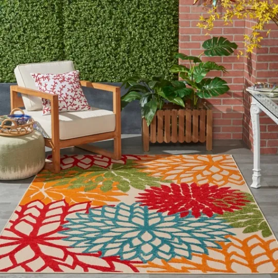 Kirkland's Home Red Bright Floral Burst Outdoor Area Rug, 5X7- Outdoor Rugs
