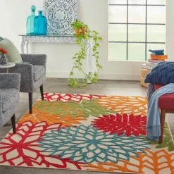 Kirkland's Home Red Bright Floral Burst Outdoor Area Rug, 5X7- Outdoor Rugs