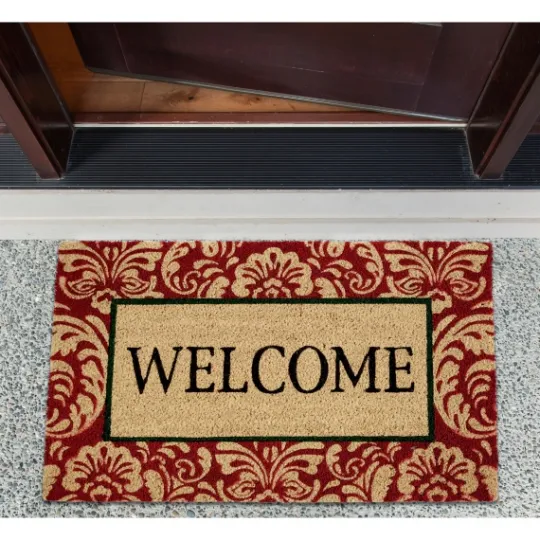 Kirkland's Home Red Damask Welcome Coir Doormat- Doormats