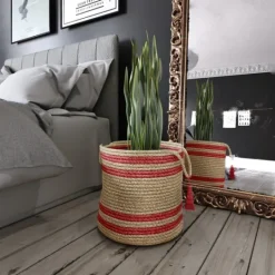 Kirkland's Home Red Double Stripe Jute Basket With Handles, 19 In.- Baskets & Boxes