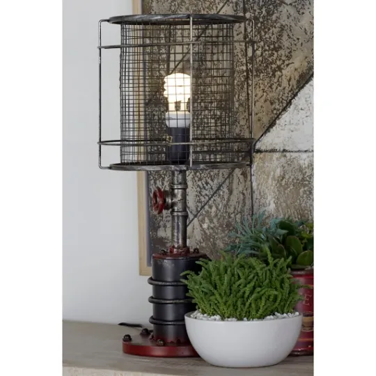 Kirkland's Home Red Iron Cage Shade Edison Table Lamp- Table Lamps