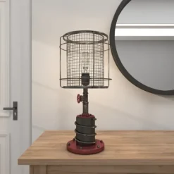 Kirkland's Home Red Iron Cage Shade Edison Table Lamp- Table Lamps