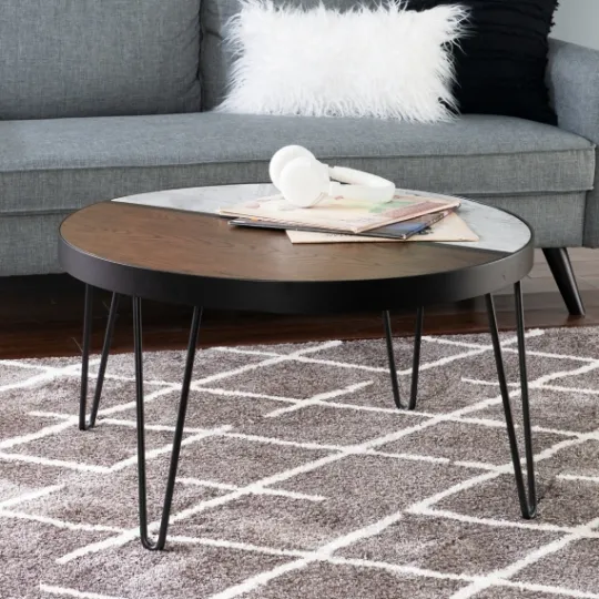 Kirkland's Home Round Brown Wood And White Marble Top Coffee Table- Coffee Tables