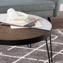Kirkland's Home Round Brown Wood And White Marble Top Coffee Table- Coffee Tables