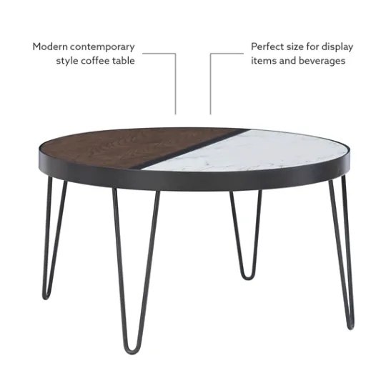Kirkland's Home Round Brown Wood And White Marble Top Coffee Table- Coffee Tables