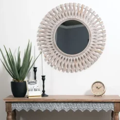 Kirkland's Home Round Brown Woven Bamboo Wall Mirror- Decorative Mirrors