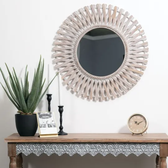 Kirkland's Home Round Brown Woven Bamboo Wall Mirror- Decorative Mirrors