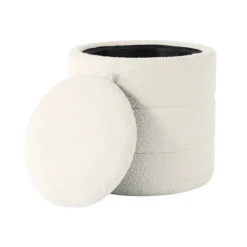 Kirkland's Home Round Cream Boucle Storage Ottoman- Benches & Ottomans