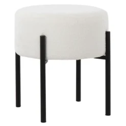 Kirkland's Home Round Cream Upholstered Metal Base Ottoman- Benches & Ottomans
