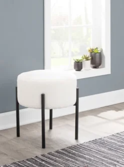 Kirkland's Home Round Cream Upholstered Metal Base Ottoman- Benches & Ottomans