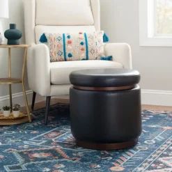 Kirkland's Home Round Faux Leather Storage Ottoman- Benches & Ottomans