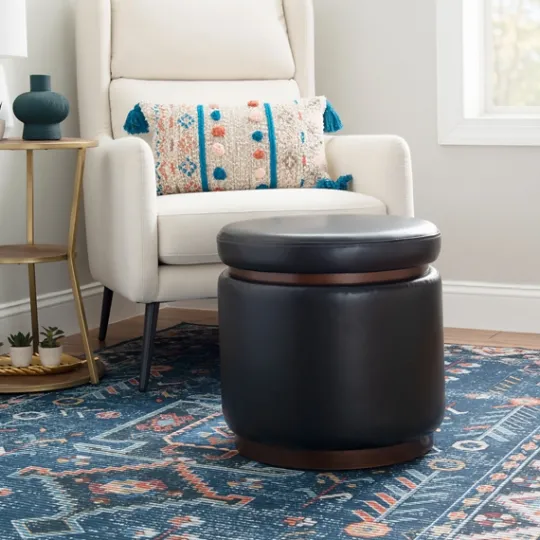 Kirkland's Home Round Faux Leather Storage Ottoman- Benches & Ottomans