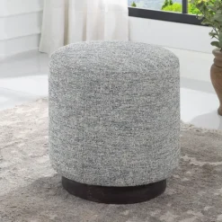 Kirkland's Home Round Gray & Blue Upholstered Ottoman- Benches & Ottomans