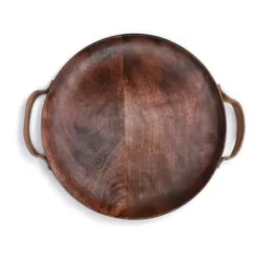 Kirkland's Home Round Mango Wood Tray With Leather Handles- Decorative Trays