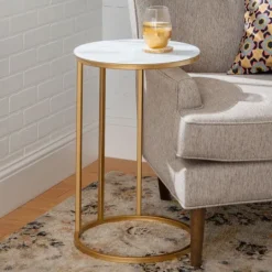 Kirkland's Home Round Marble And Gold C-Table- Accent & End Tables