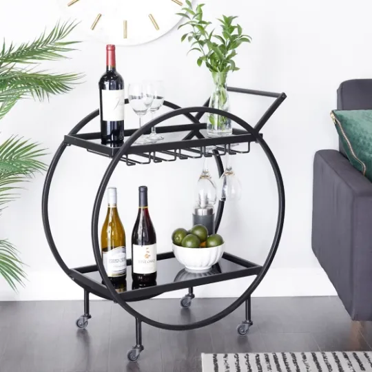 Kirkland's Home Round Metal And Glass 2-Ter Bar Cart- Kitchen Islands & Bar Carts