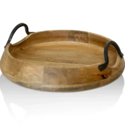 Kirkland's Home Round Rustic Metal Handle Wooden Tray- Decorative Trays