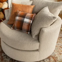 Kirkland's Home Round Sand Boucle Swivel Accent Chair- Accent Chairs